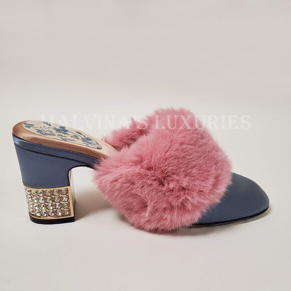 GUCCI SHOES CANDY SATIN AND FAUX FUR MULES CRYSTAL HEEL sz IT 35.5 US 5.5 - Picture 10 of 16
